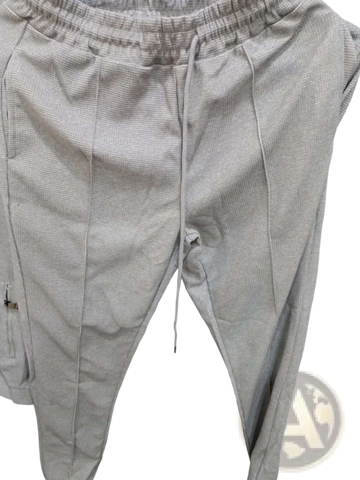 Men slim fit checkered tracksuit pants in light gray textured fabric with drawstring waistband and side pockets