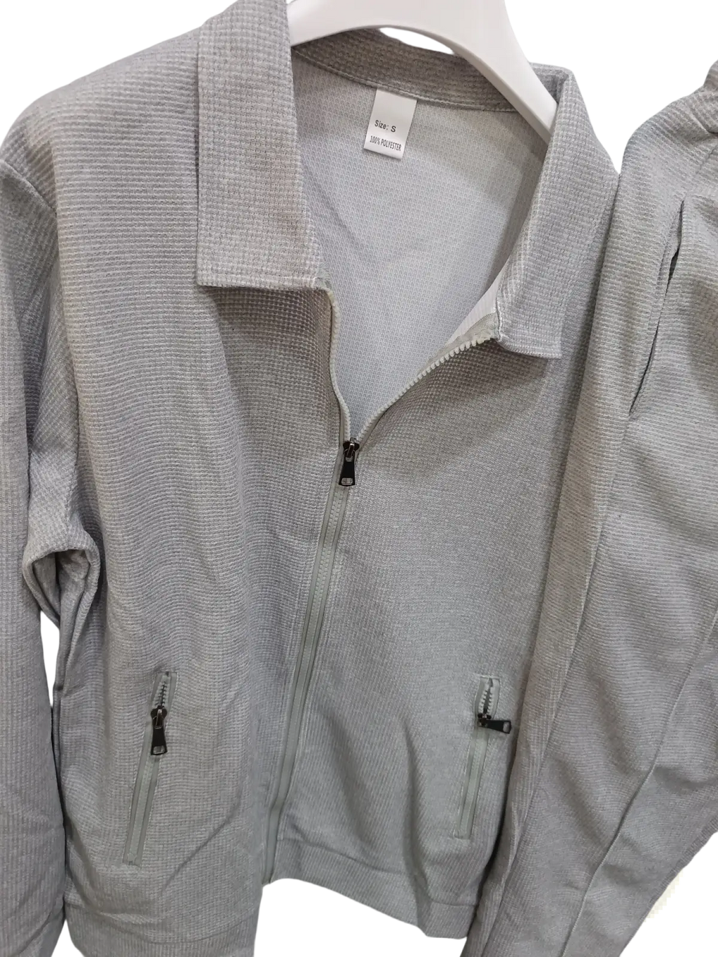 Men slim fit checkered tracksuit gray textured zip-up jacket with collar and two front pockets