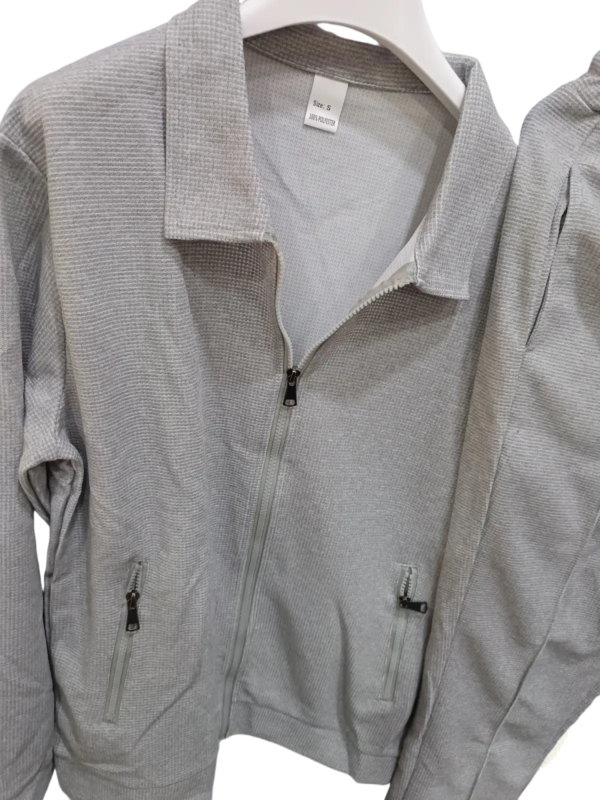 Men slim fit checkered tracksuit gray textured zip-up jacket with collar and two front pockets