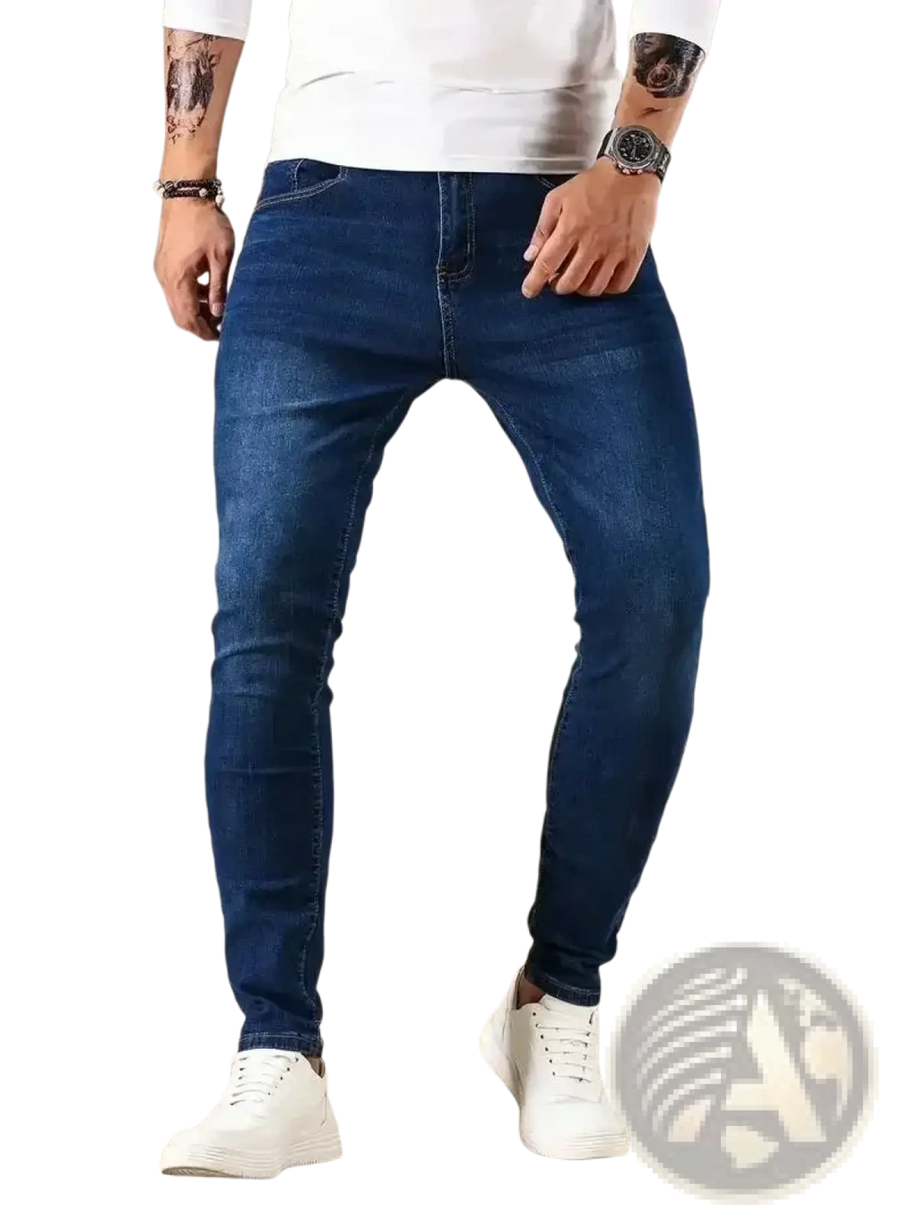 Men slim fit dark blue denim jeans with slim fit, classic five-pocket design, and subtle fading for a modern look