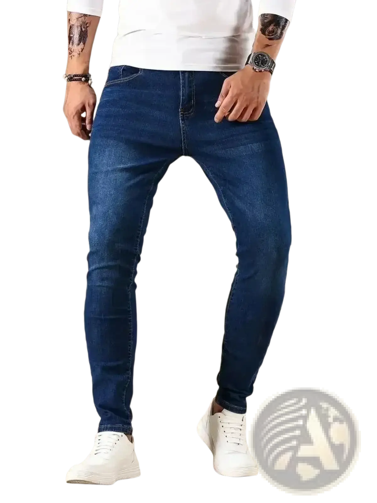 Men slim fit dark blue denim jeans with slim fit, classic five-pocket design, and subtle fading for a modern look