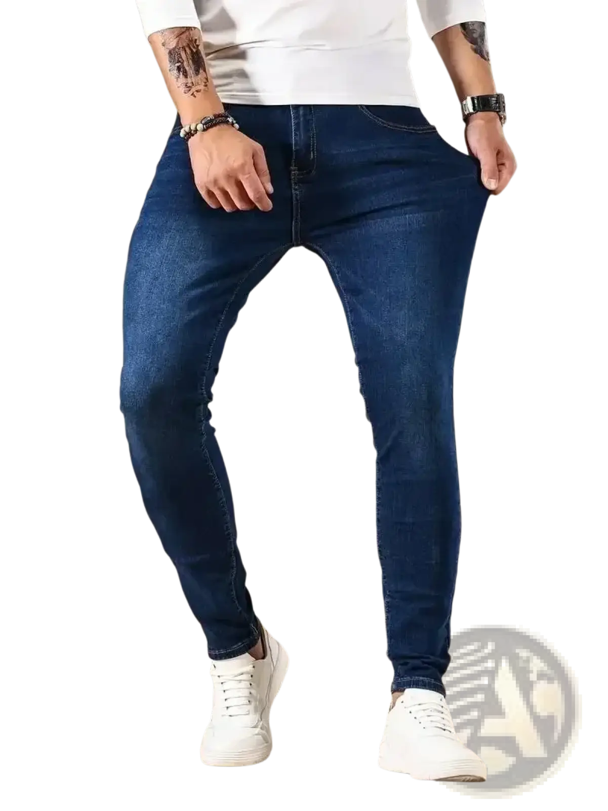 Men slim fit dark blue denim jeans with slim fit and subtle fading made from durable denim fabric