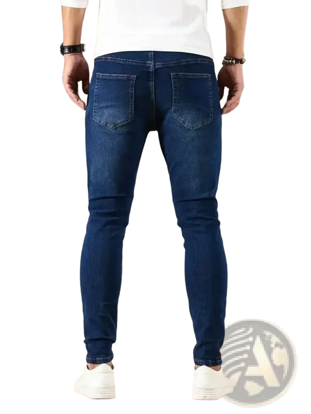 Men slim fit dark blue denim jeans with classic five-pocket design and subtle fading for a worn-in look