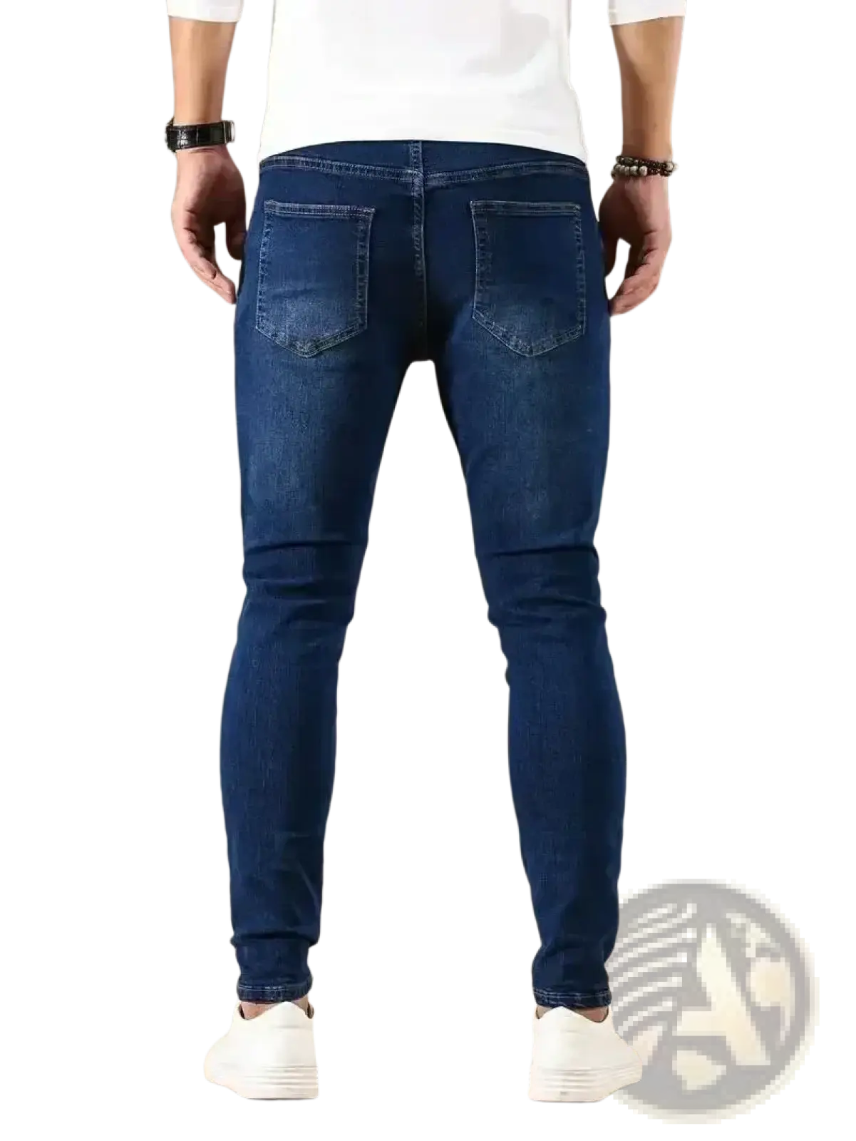 Men slim fit dark blue denim jeans with classic five-pocket design and subtle fading for a worn-in look