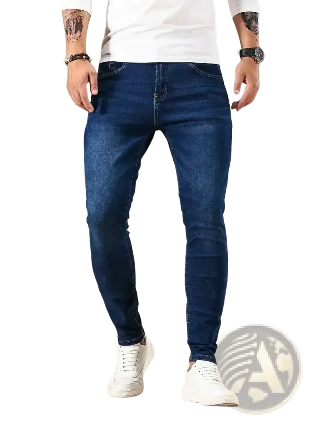 Men slim fit dark blue denim jeans made of dark blue denim with slim fit and classic stitching details
