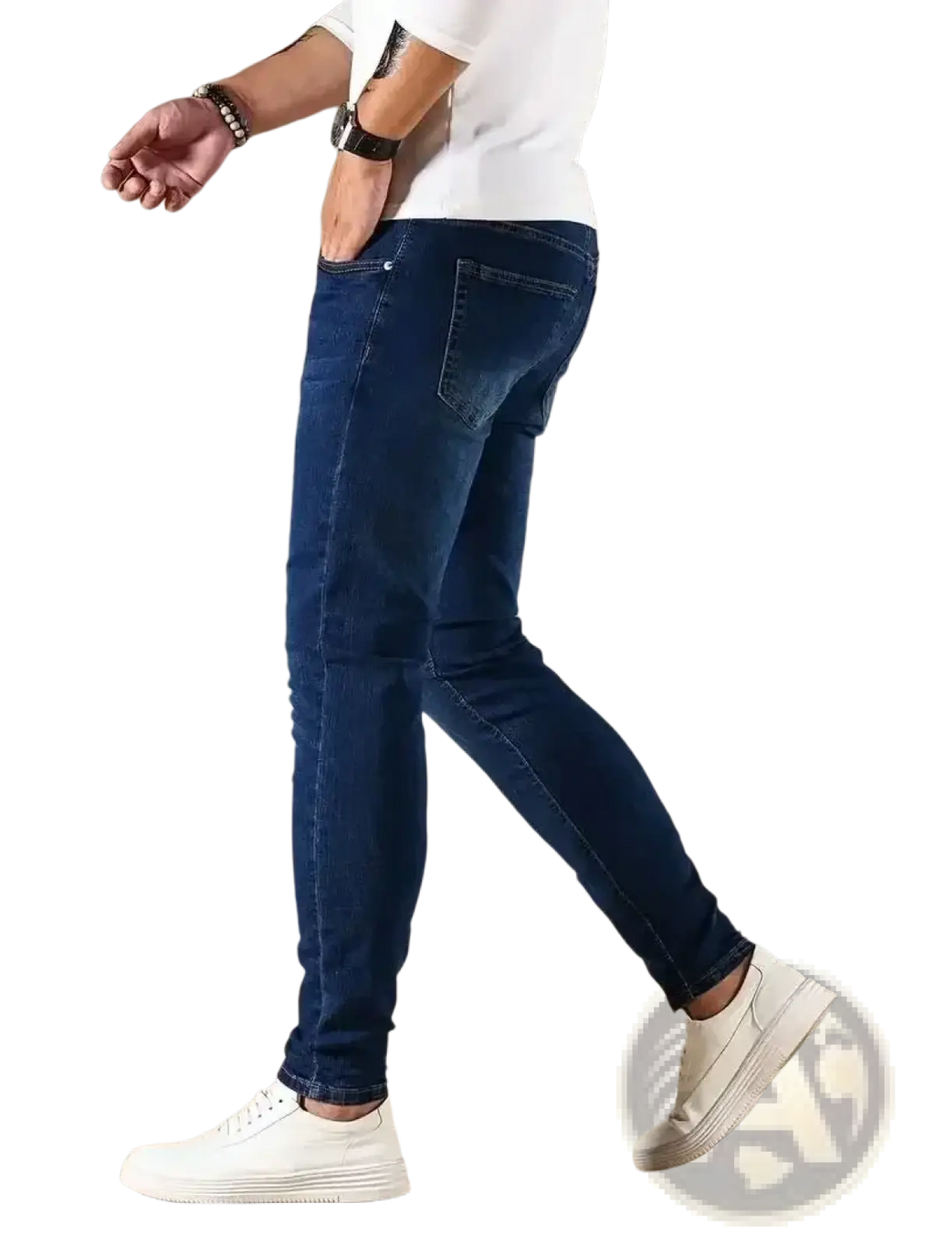 Men slim fit dark blue denim jeans made of cotton with subtle fading on the thighs for a stylish look