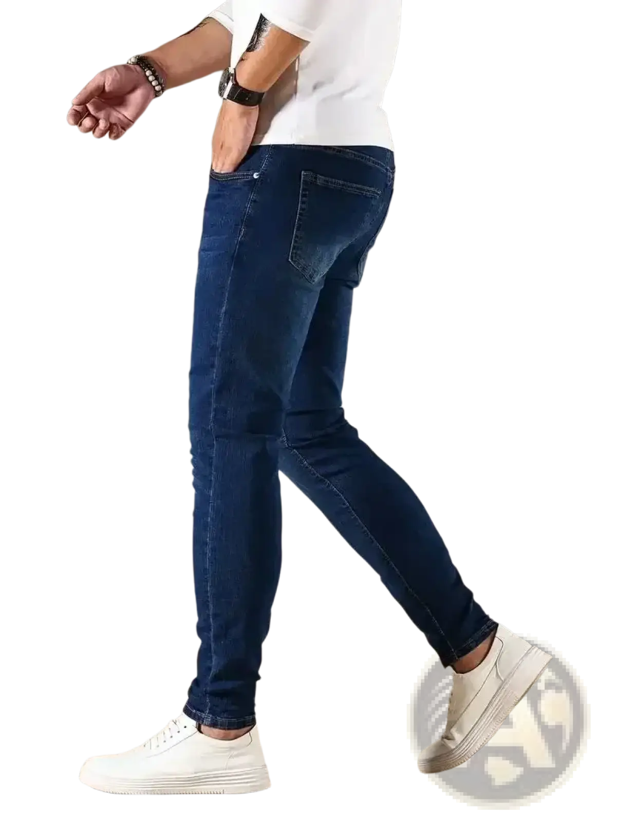 Men slim fit dark blue denim jeans made of cotton with subtle fading on the thighs for a stylish look