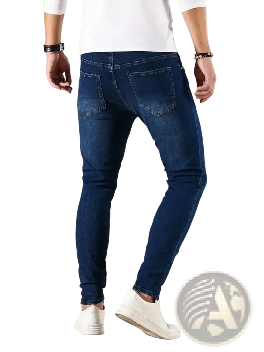 Men slim fit dark blue denim jeans with classic five-pocket design in dark blue slim-fit style