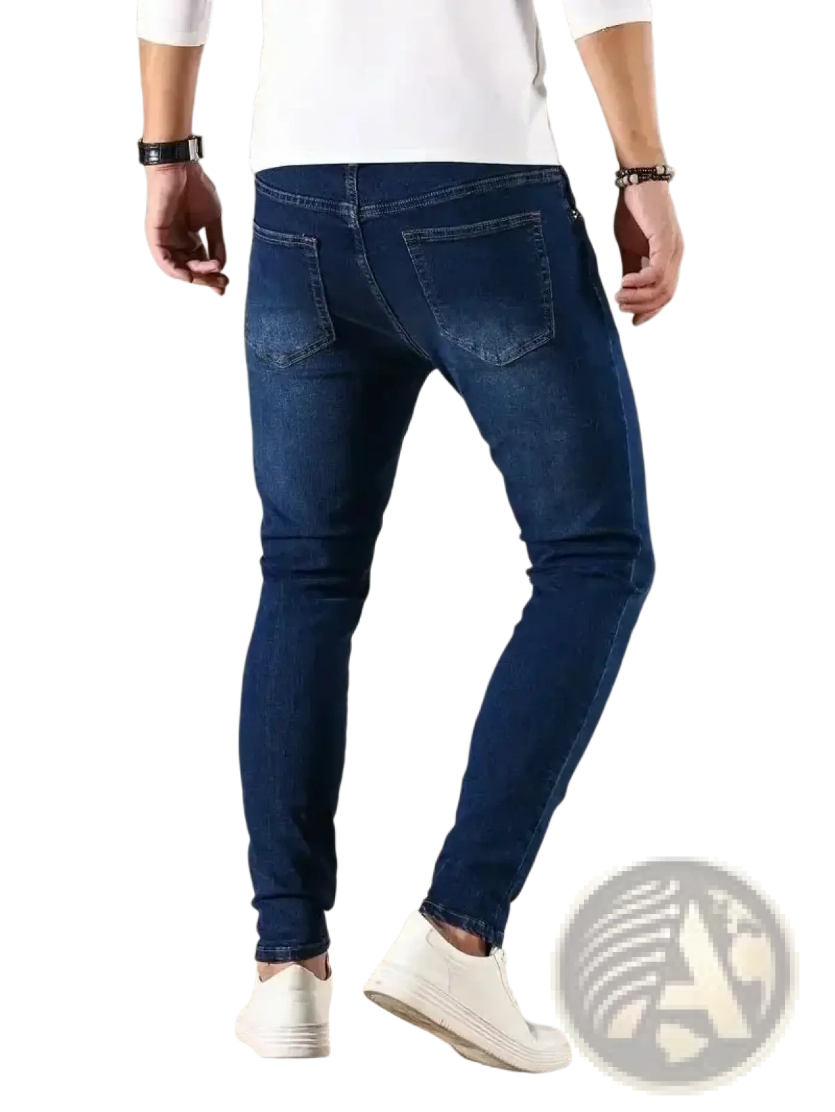Men slim fit dark blue denim jeans with classic five-pocket design in dark blue slim-fit style