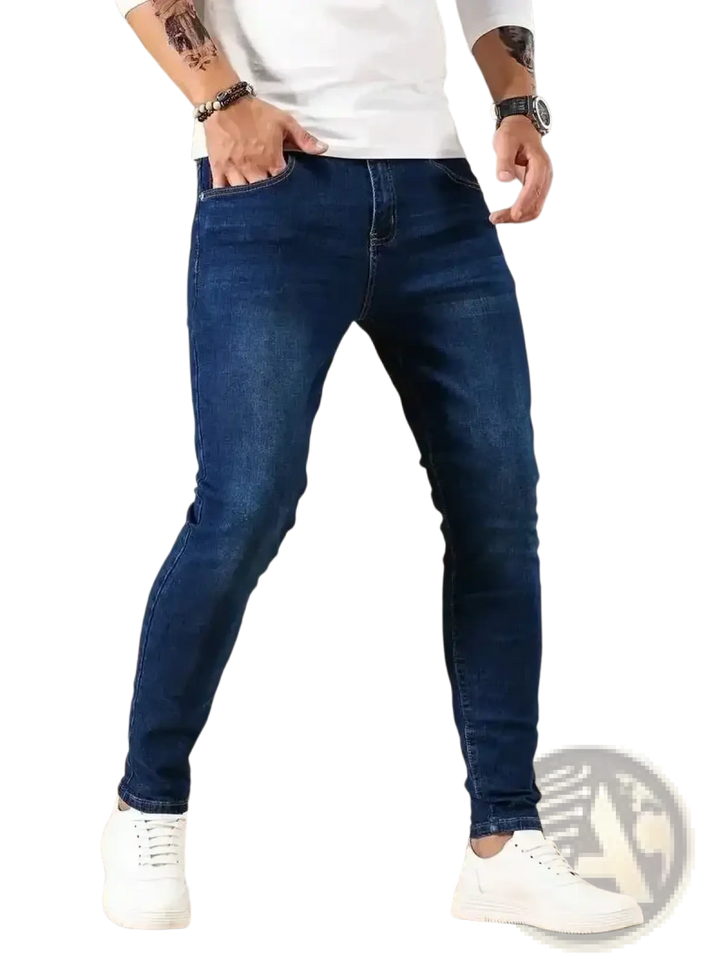 Men slim fit dark blue denim jeans with classic five-pocket design and subtle fading for a casual worn-in look