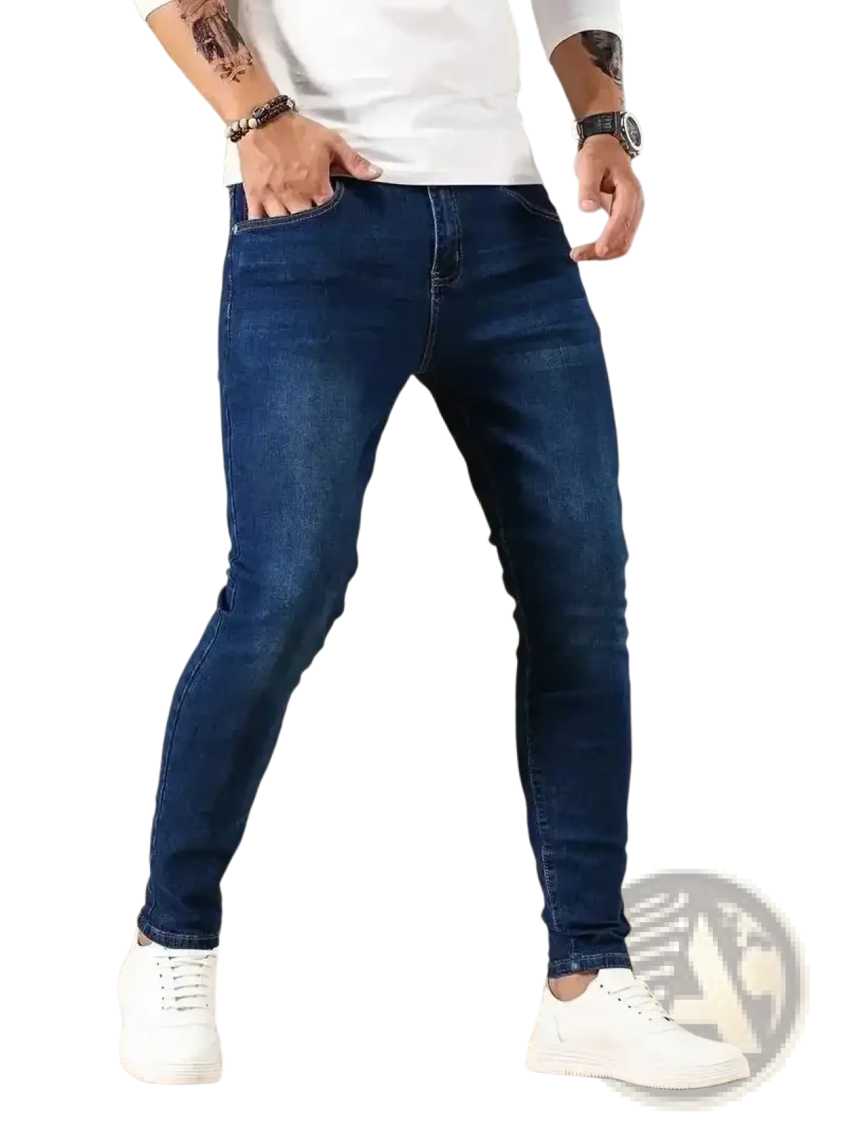 Men slim fit dark blue denim jeans with classic five-pocket design and subtle fading for a casual worn-in look