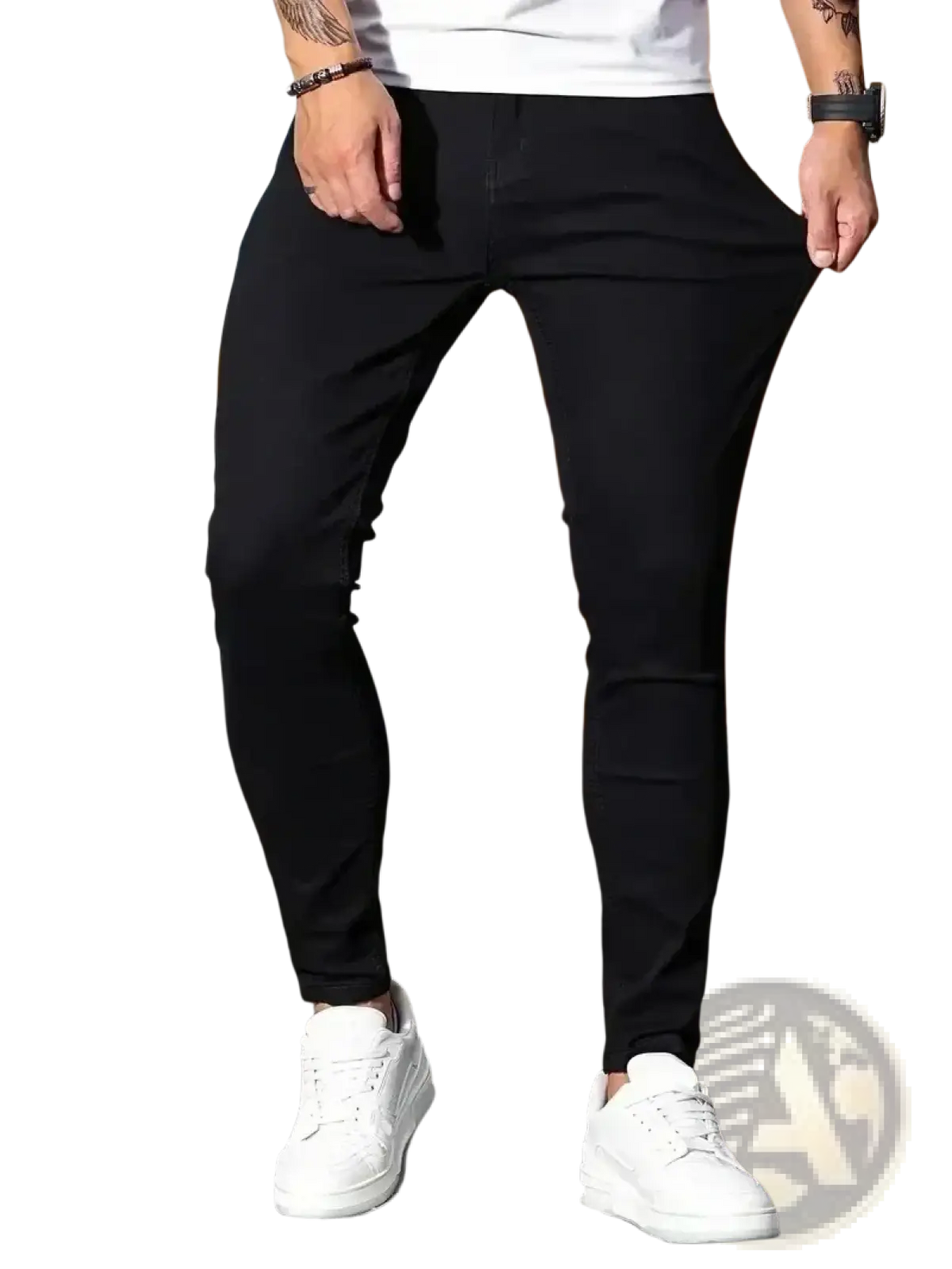 Men slim fit dark blue denim jeans with black slim-fit trousers featuring sleek form-fitting design and subtle stitching details