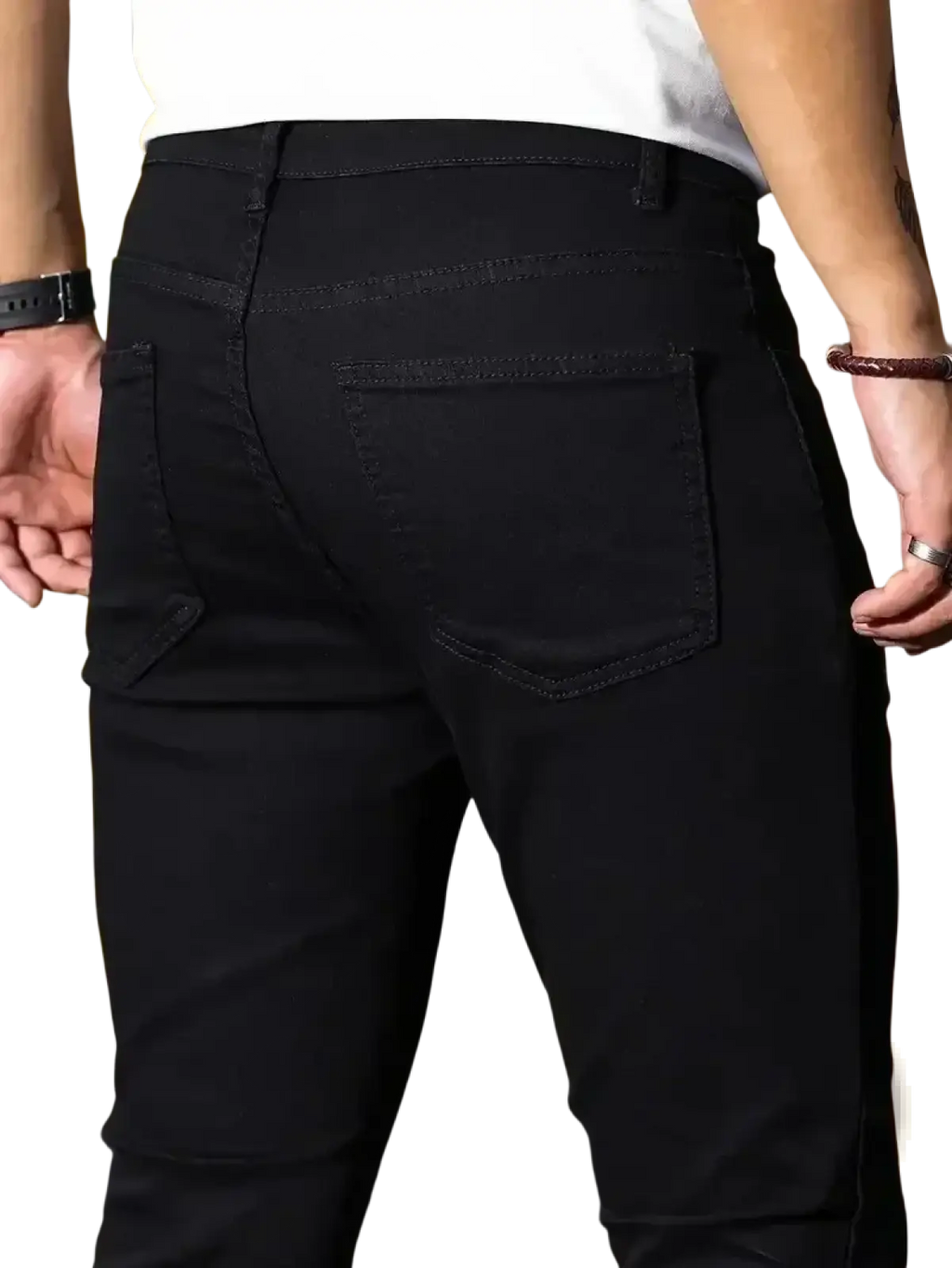 Men slim fit dark blue denim jeans showing the back side with classic back pocket design and black slim fit material