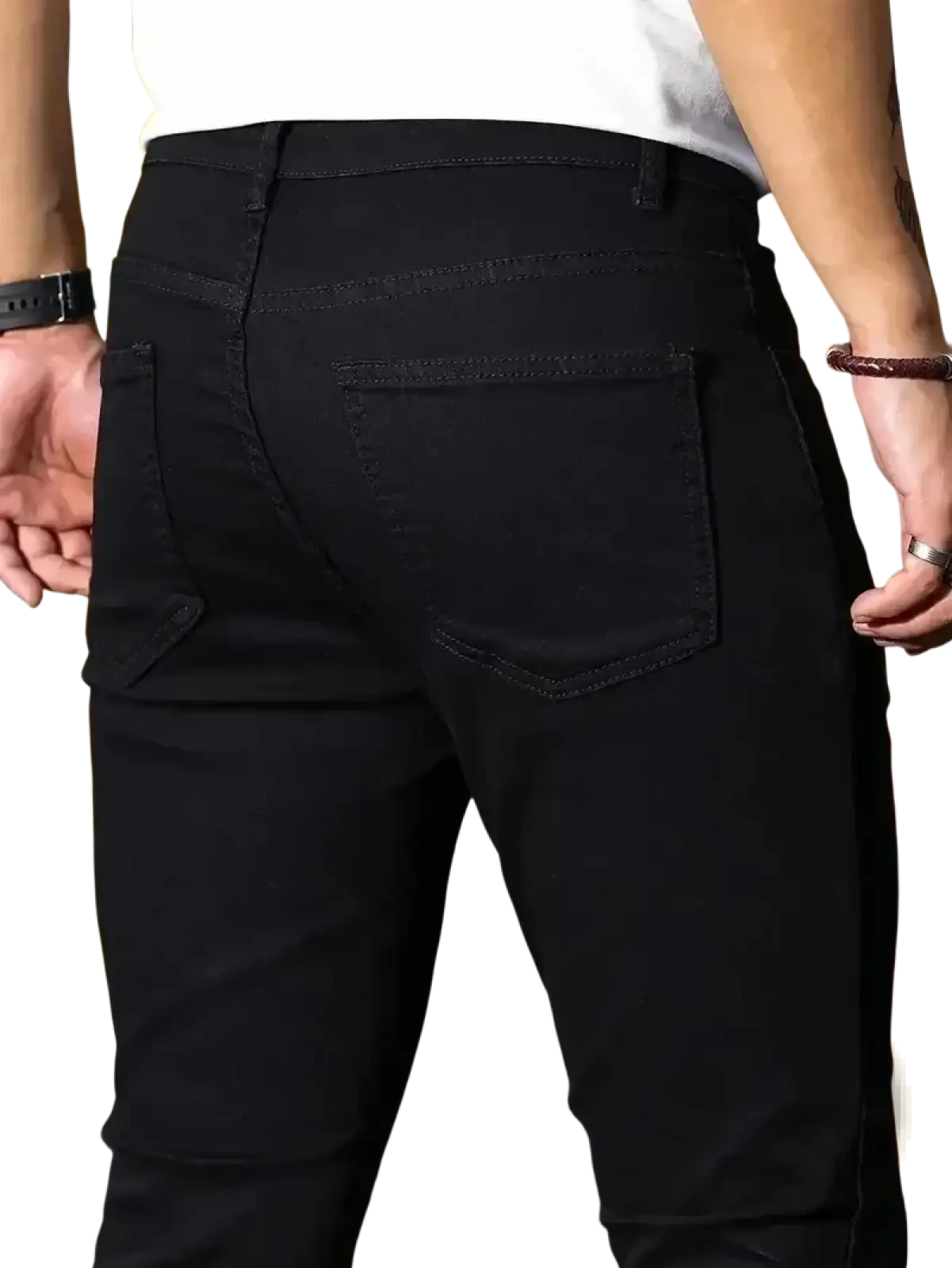 Men slim fit dark blue denim jeans showing the back side with classic back pocket design and black slim fit material
