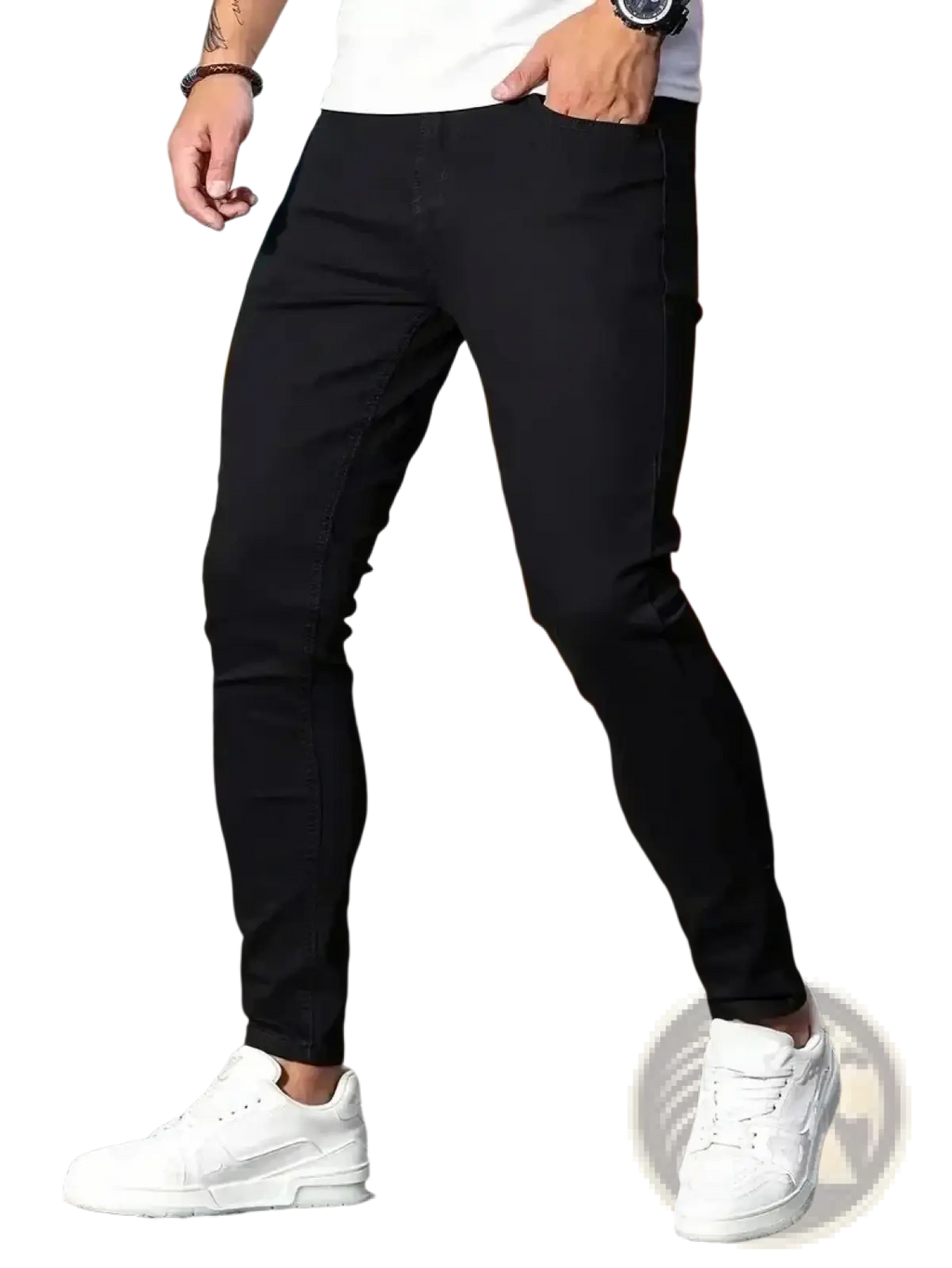 Men slim fit dark blue denim jeans with slim tapered design and subtle stitching details in black color