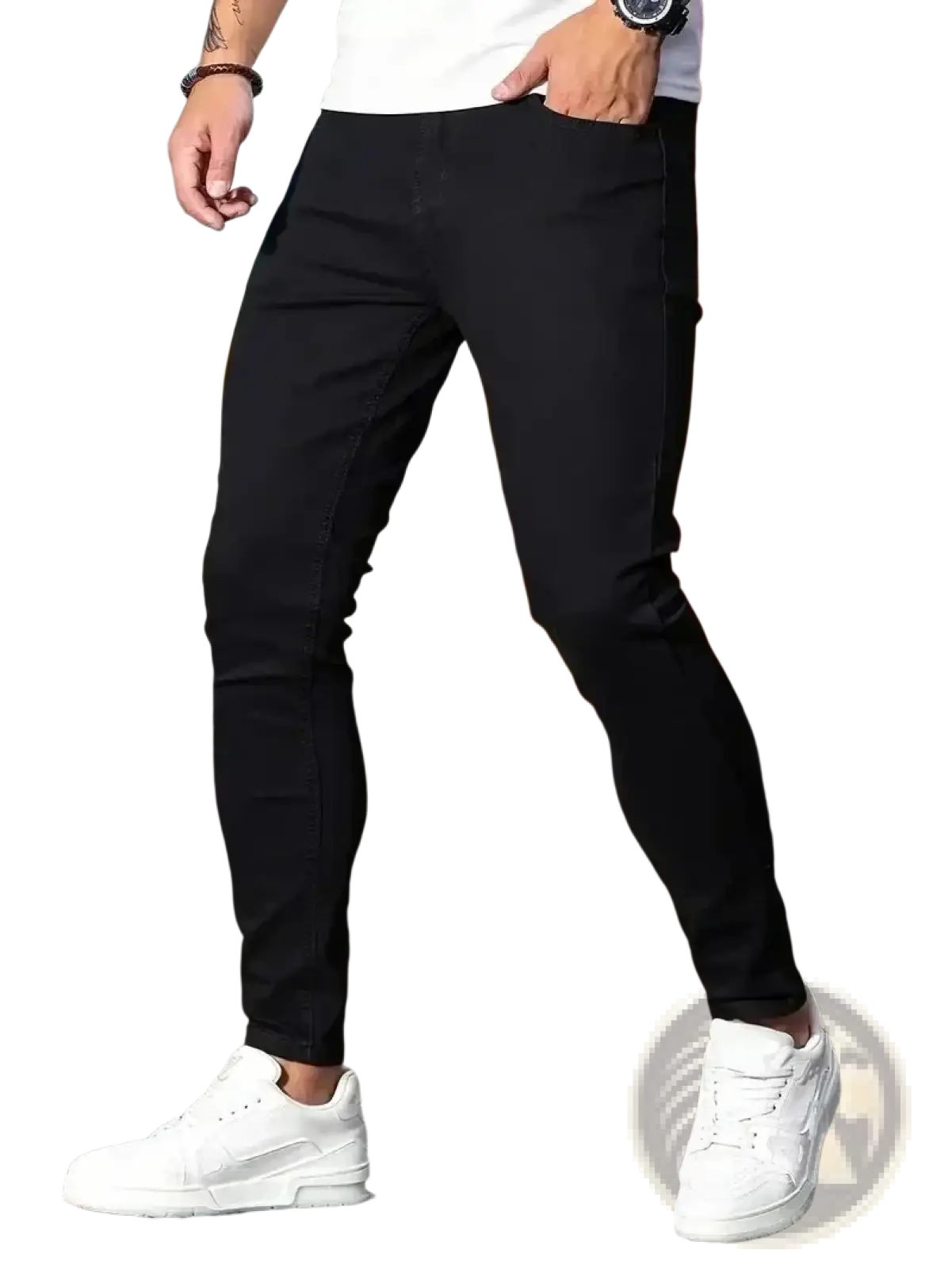 Men slim fit dark blue denim jeans with slim tapered design and subtle stitching details in black color