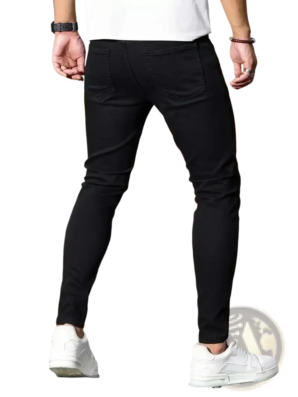 Men slim fit dark blue denim jeans featuring a sleek modern design with subtle stitching details in black slim fit style