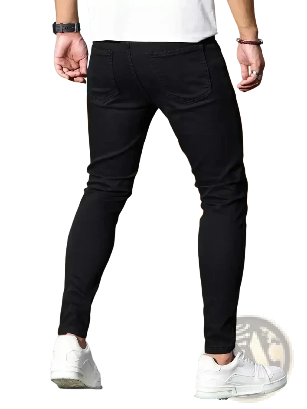 Men slim fit dark blue denim jeans featuring a sleek modern design with subtle stitching details in black slim fit style