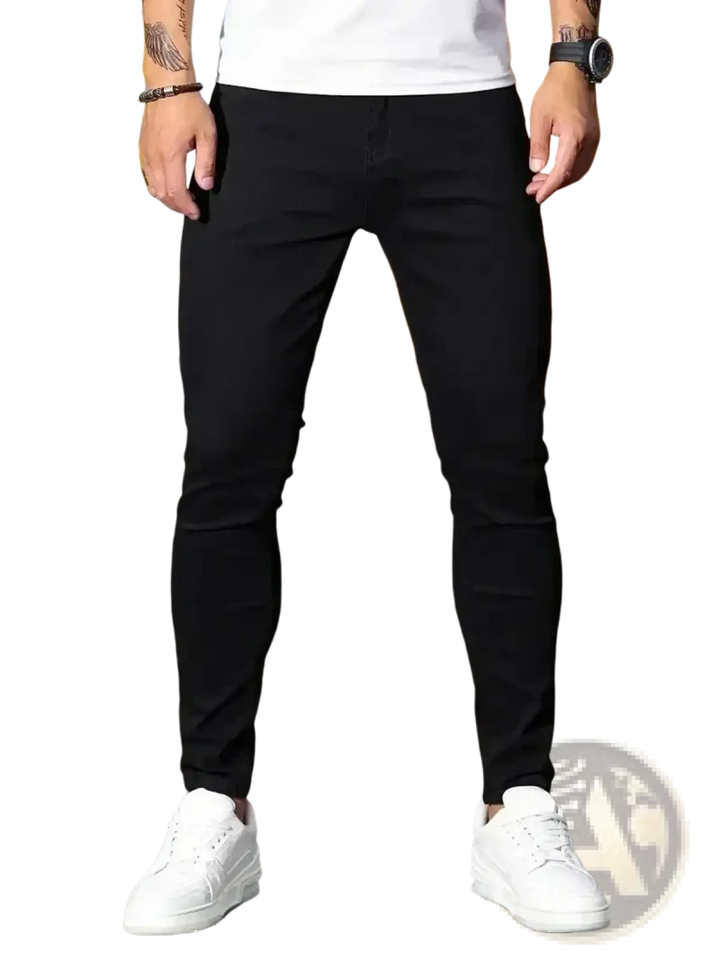 Men slim fit dark blue denim jeans with a sleek modern design and subtle stitching details in black slim-fit style