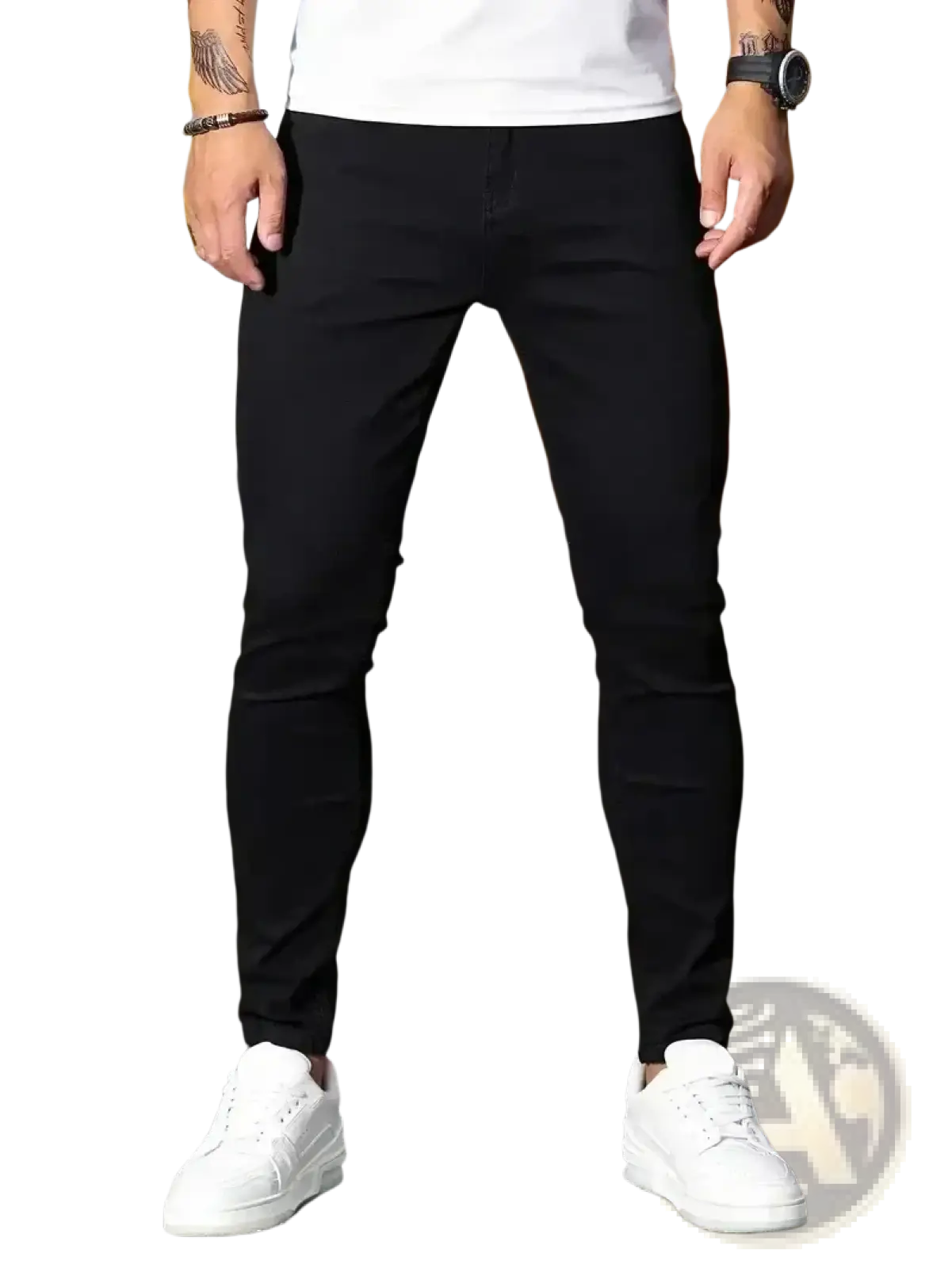 Men slim fit dark blue denim jeans with a sleek modern design and subtle stitching details in black slim-fit style