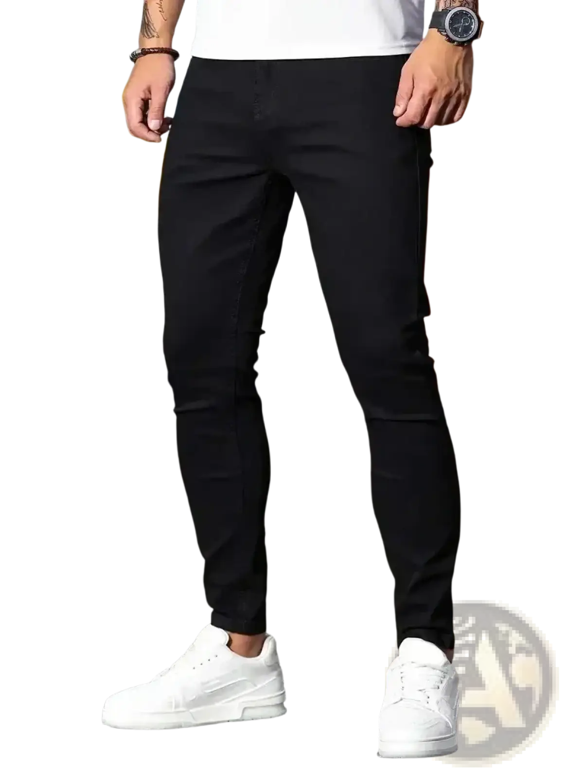 Men slim fit dark blue denim jeans featuring black slim-fit trousers design with sleek modern cut and subtle side pockets