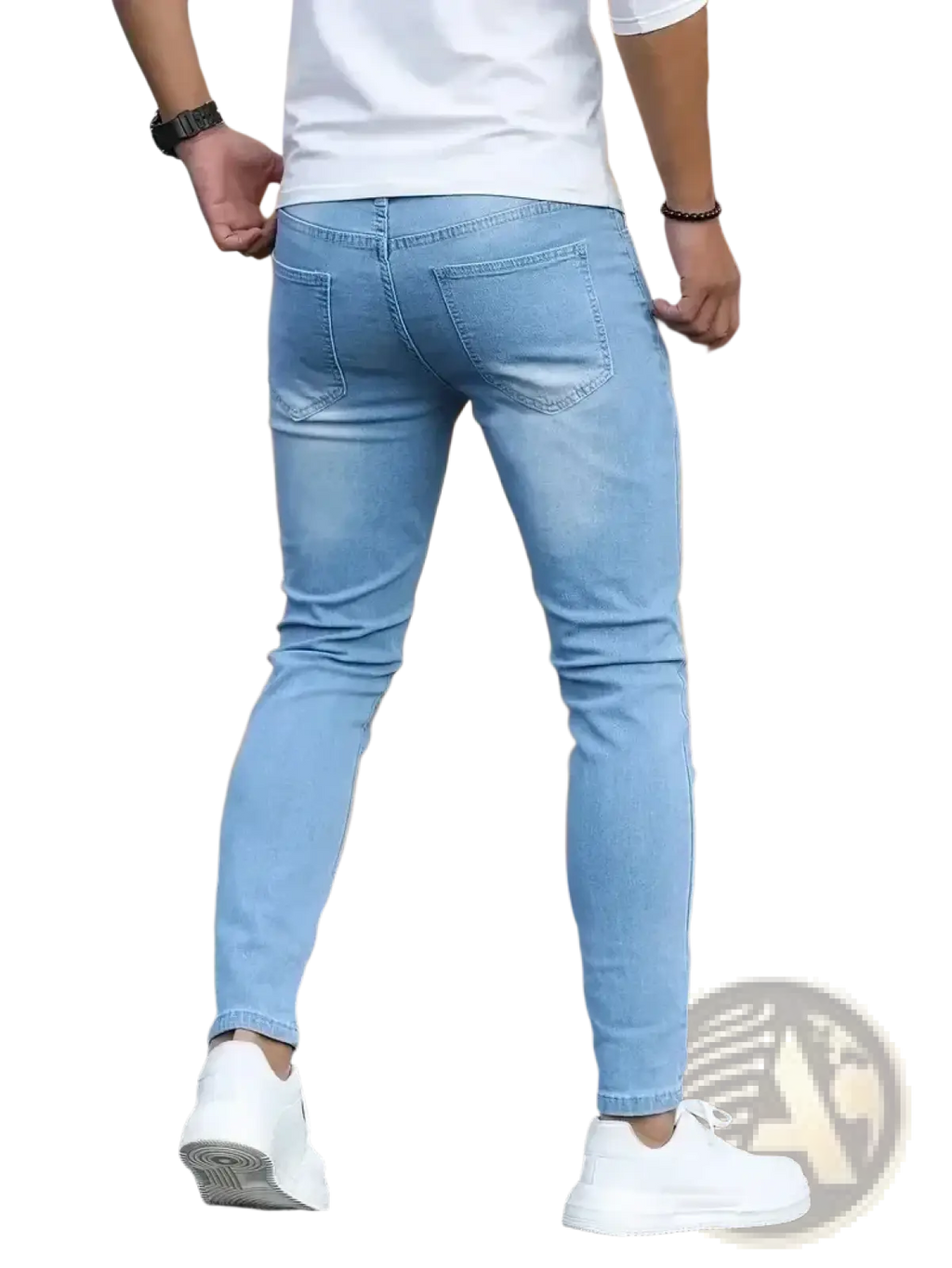Men slim fit dark blue denim jeans featuring a light blue slim-fit denim front view design