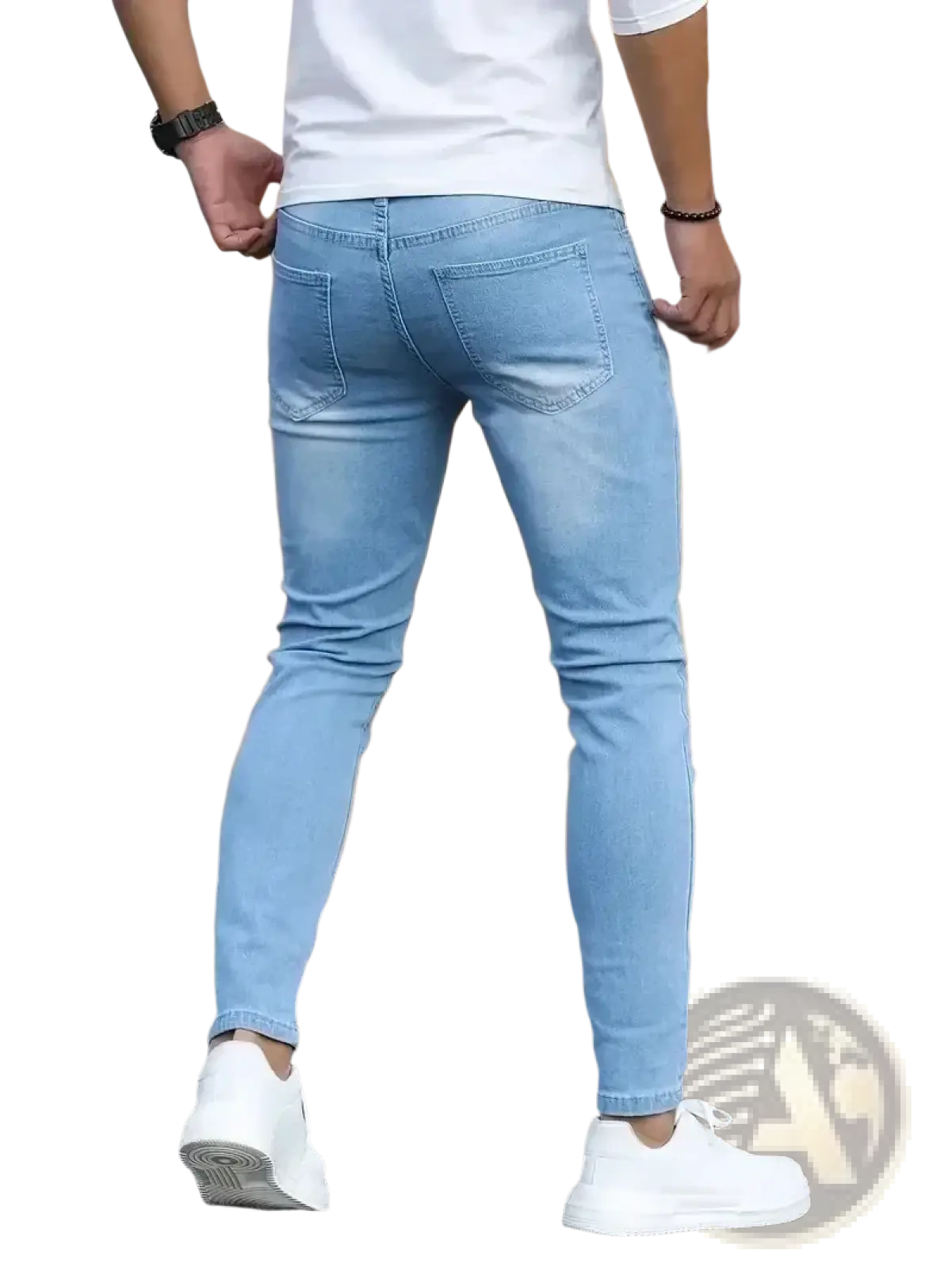 Men slim fit dark blue denim jeans featuring a light blue slim-fit denim front view design