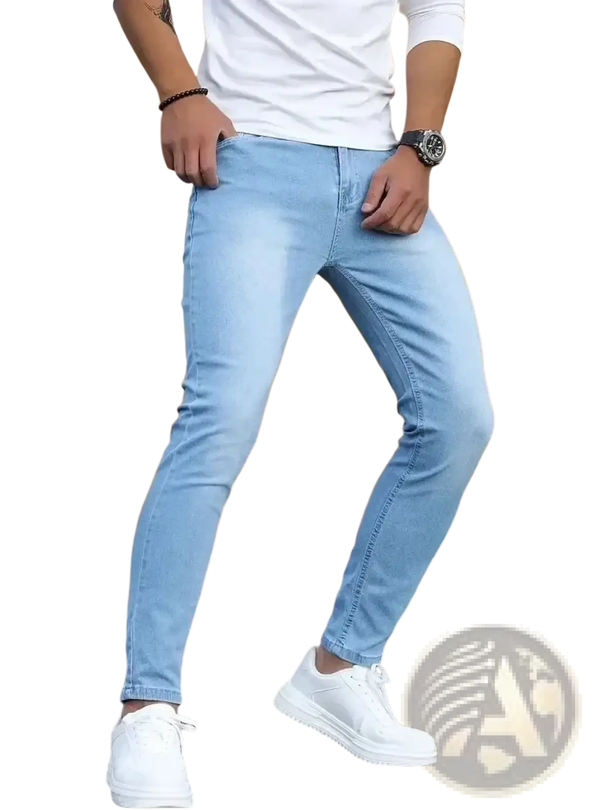 Men slim fit dark blue denim jeans shown in light blue slim-fit denim with faded wash and classic stitching