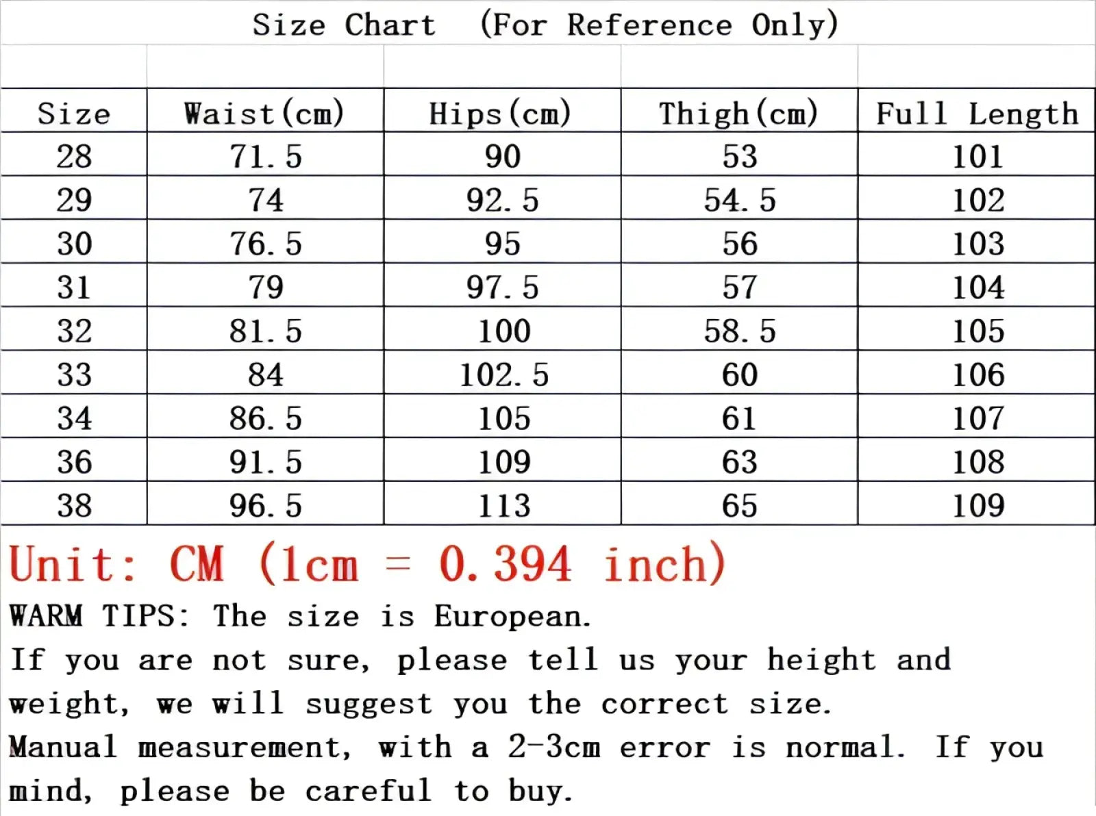 Size chart for men slim fit dark blue denim jeans in european sizing with measurements in centimeters from size 28 to 38