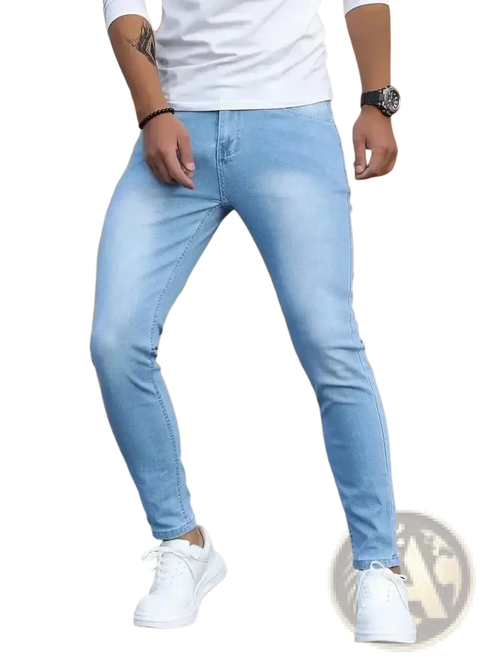 Men slim fit dark blue denim jeans featuring light-wash skinny style with classic texture and subtle fading details