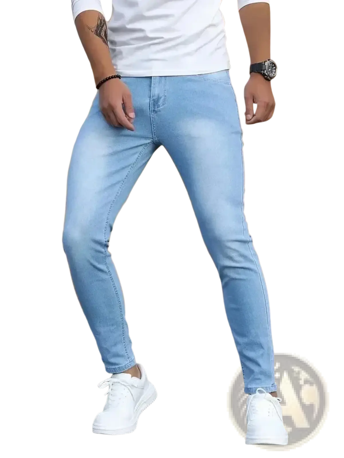 Men slim fit dark blue denim jeans featuring light-wash skinny style with classic texture and subtle fading details