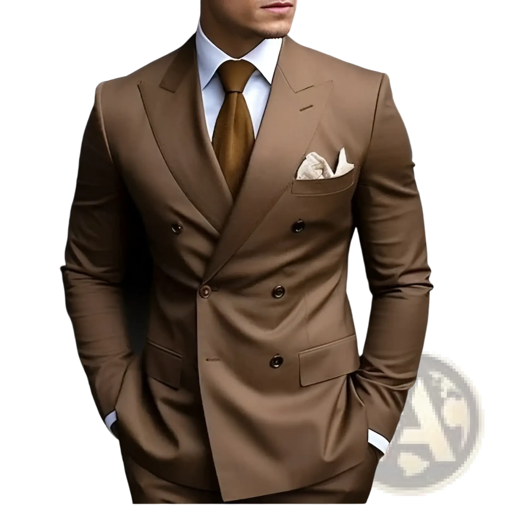 A tailored men slim fit double breasted brown suit with matching tie and white pocket square for formal occasions