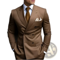 A tailored men slim fit double breasted brown suit with matching tie and white pocket square for formal occasions