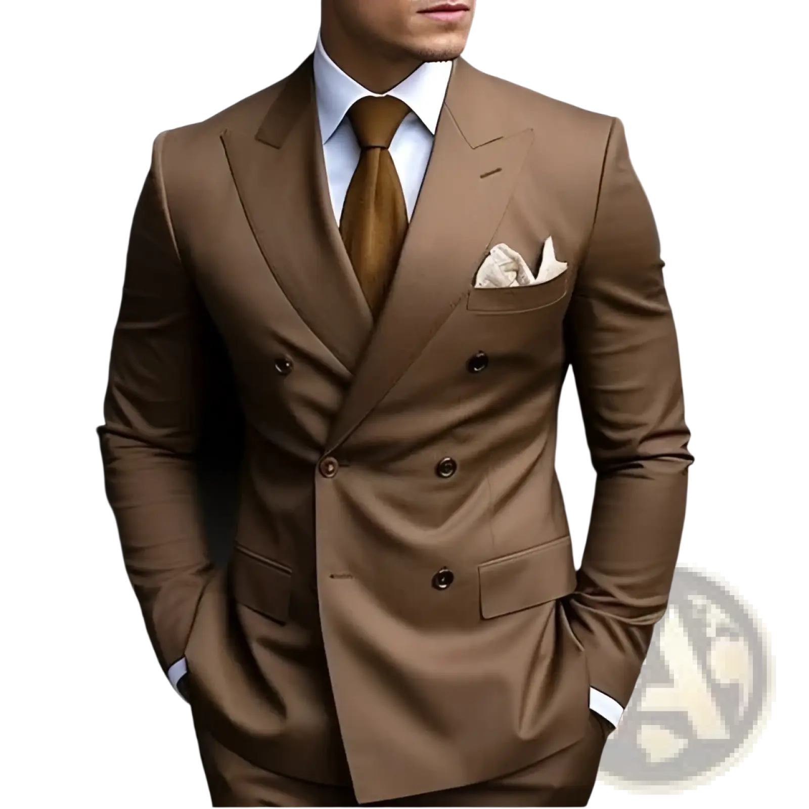 A tailored men slim fit double breasted brown suit with matching tie and white pocket square for formal occasions