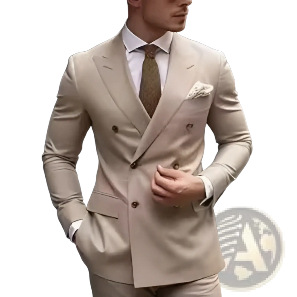 Beige men slim fit double breasted suit with matching trousers paired with light green tie and white dress shirt