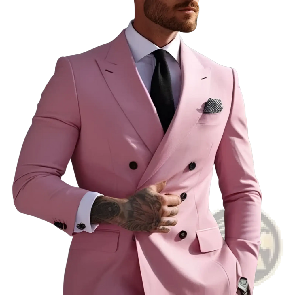 Men slim fit double breasted suit jacket in sleek pink with black buttons and matching pocket square