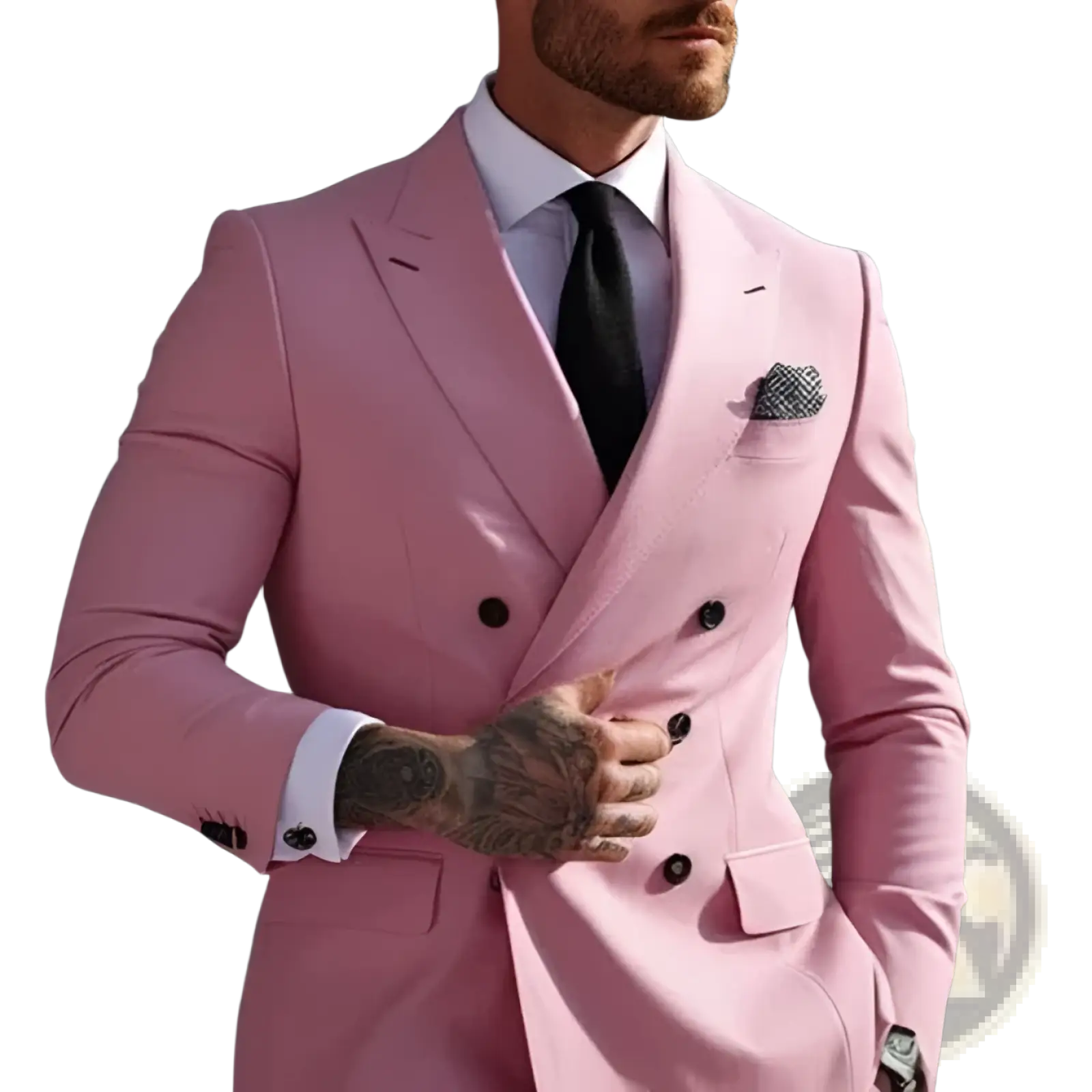 Men slim fit double breasted suit jacket in sleek pink with black buttons and matching pocket square