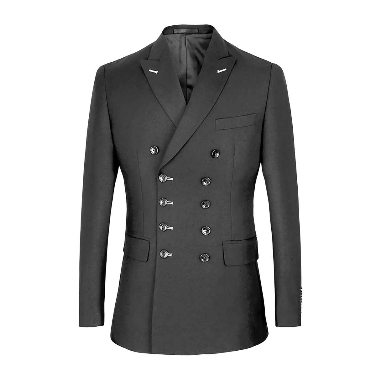 Men slim fit double breasted black suit jacket with silver toned buttons and notched lapels for formal wear