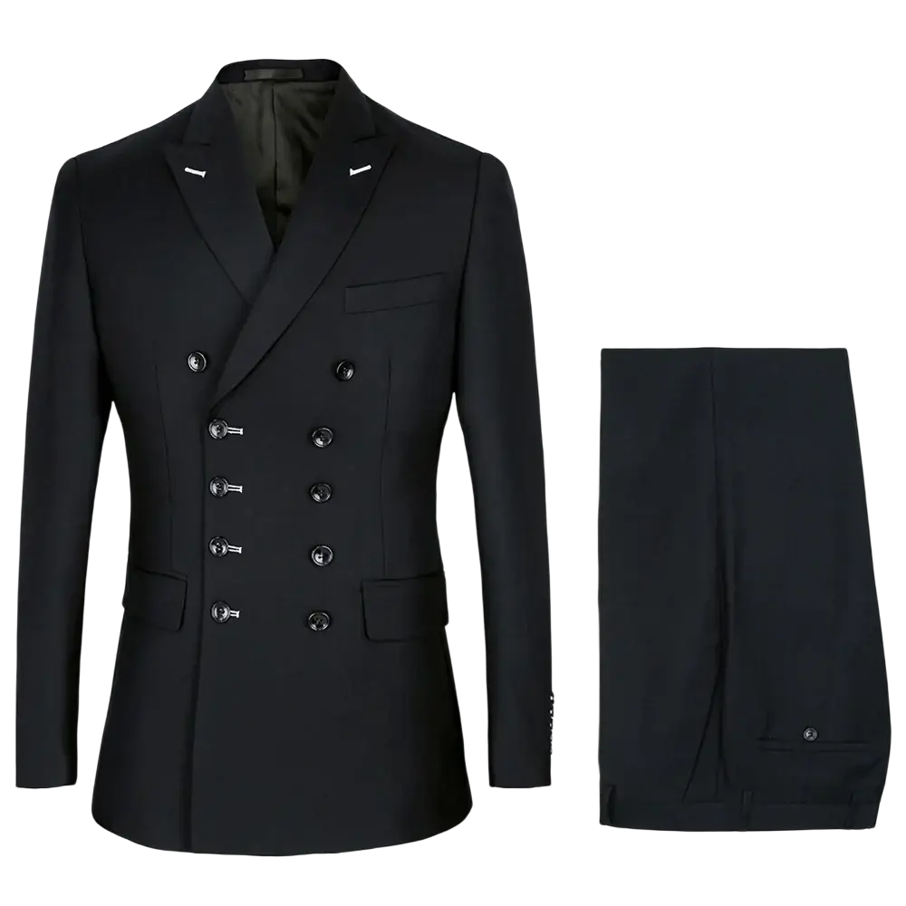 Men slim fit double breasted black suit with silver toned buttons and notched lapels for formal occasions
