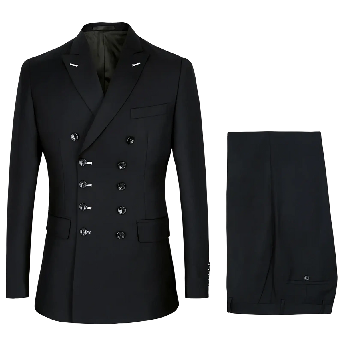 Black slim fit double breasted suit by Shenrun with silver toned buttons and matching tailored trousers