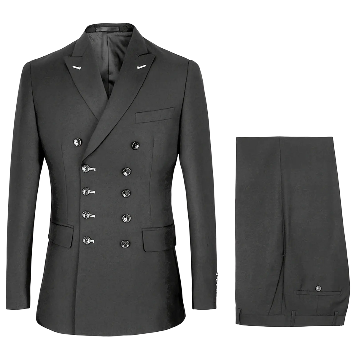 Men slim fit double breasted navy blue suit with silver toned buttons and notched lapels in black fabric