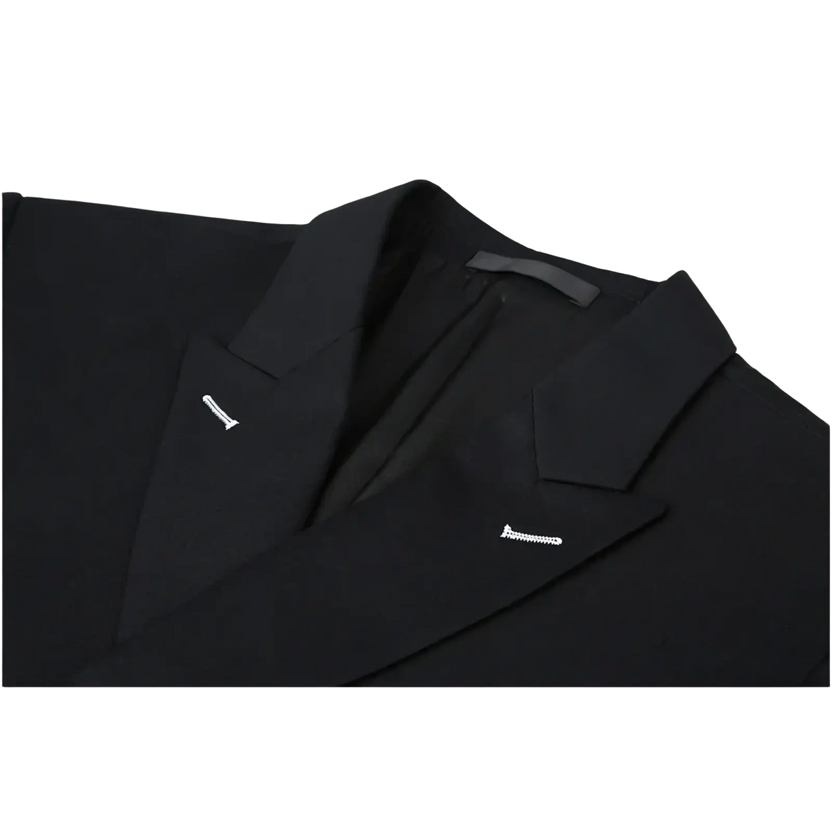 Men slim fit double breasted navy blue suit featuring a black blazer with subtle white stitching on the lapels