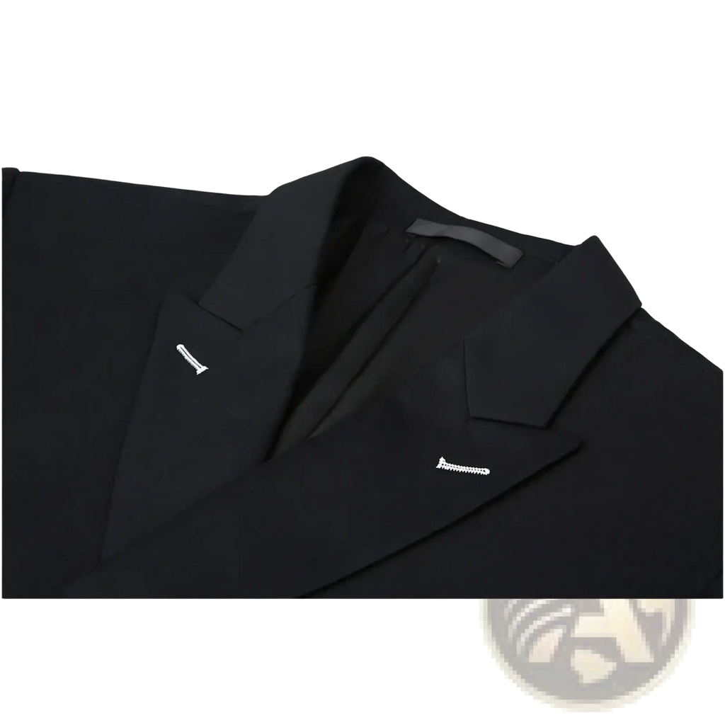 Men slim fit double breasted navy blue suit featuring a black blazer with subtle white stitching on the lapels
