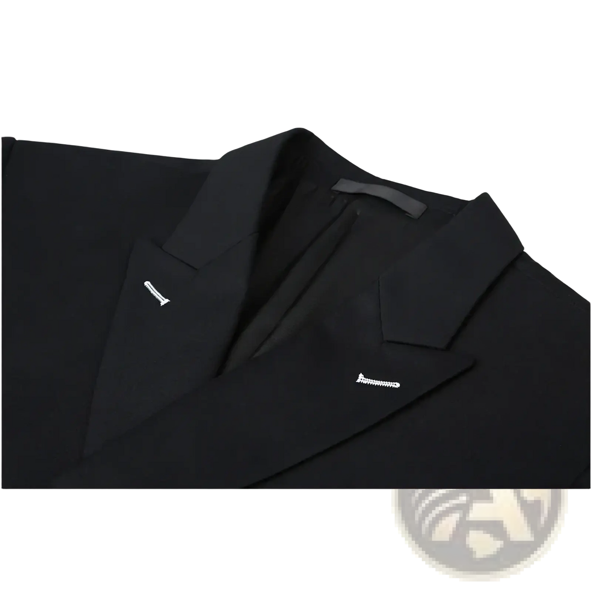 Men slim fit double breasted navy blue suit featuring a black blazer with subtle white stitching on the lapels
