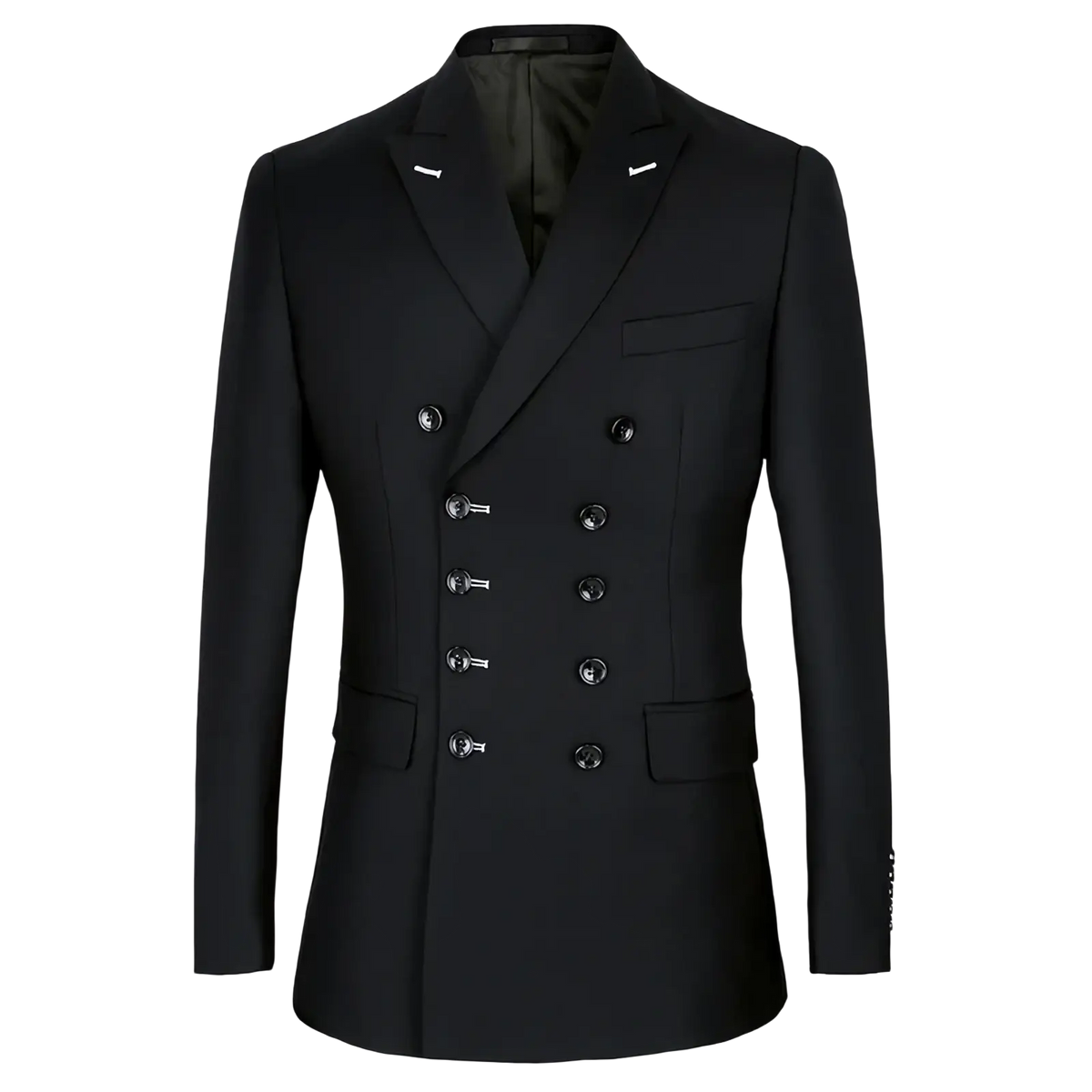 Men slim fit double breasted suit jacket in black with silver toned buttons and notched lapels for formal wear