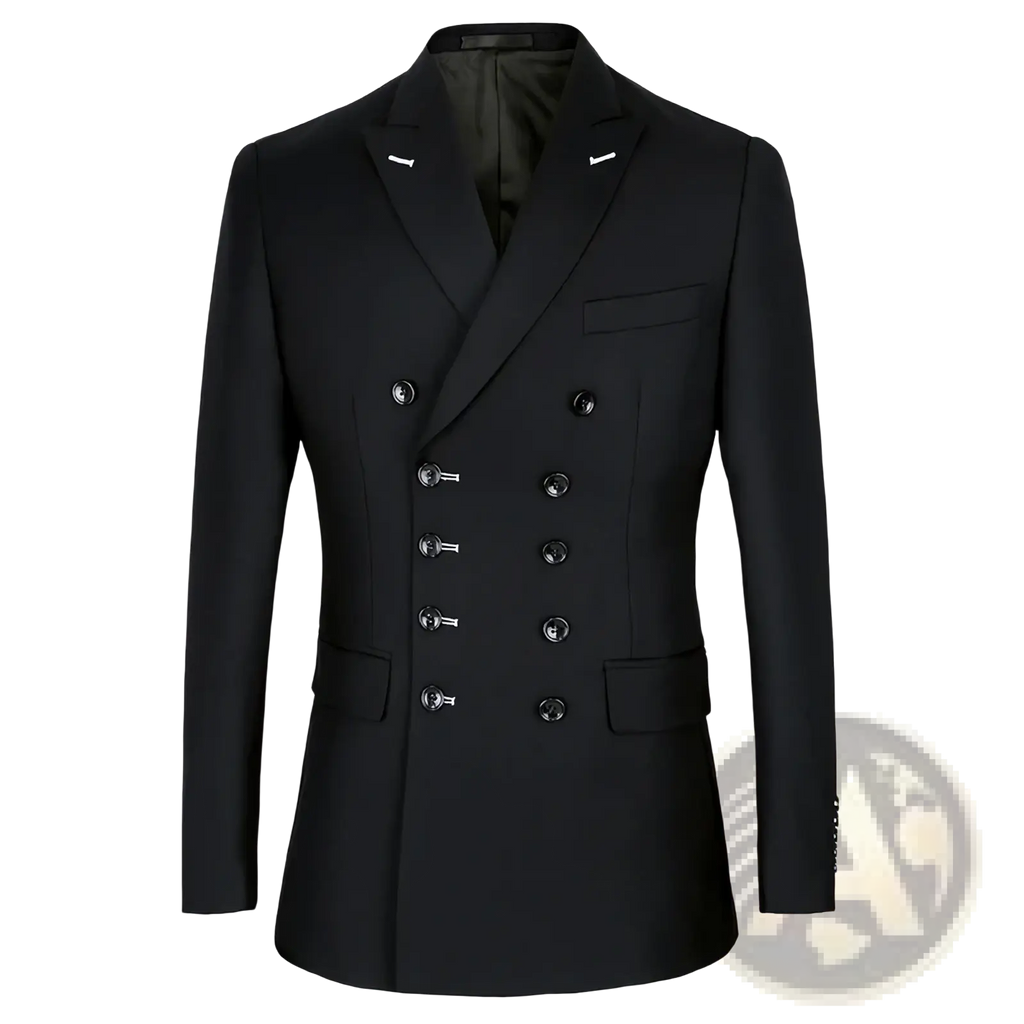 Men slim fit double breasted suit jacket in black with silver toned buttons and notched lapels for formal wear
