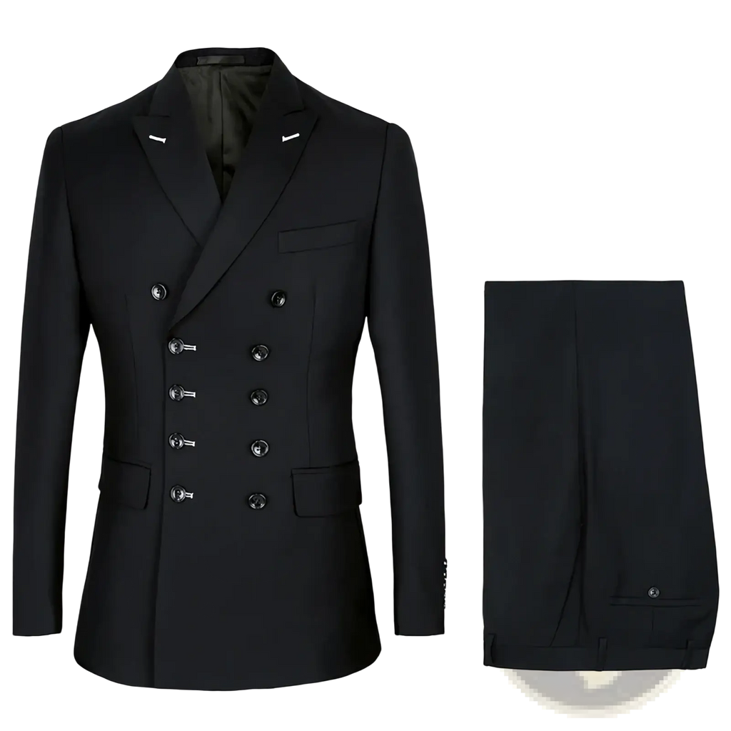 Black slim fit double breasted suit by Shenrun with silver toned buttons and matching tailored trousers