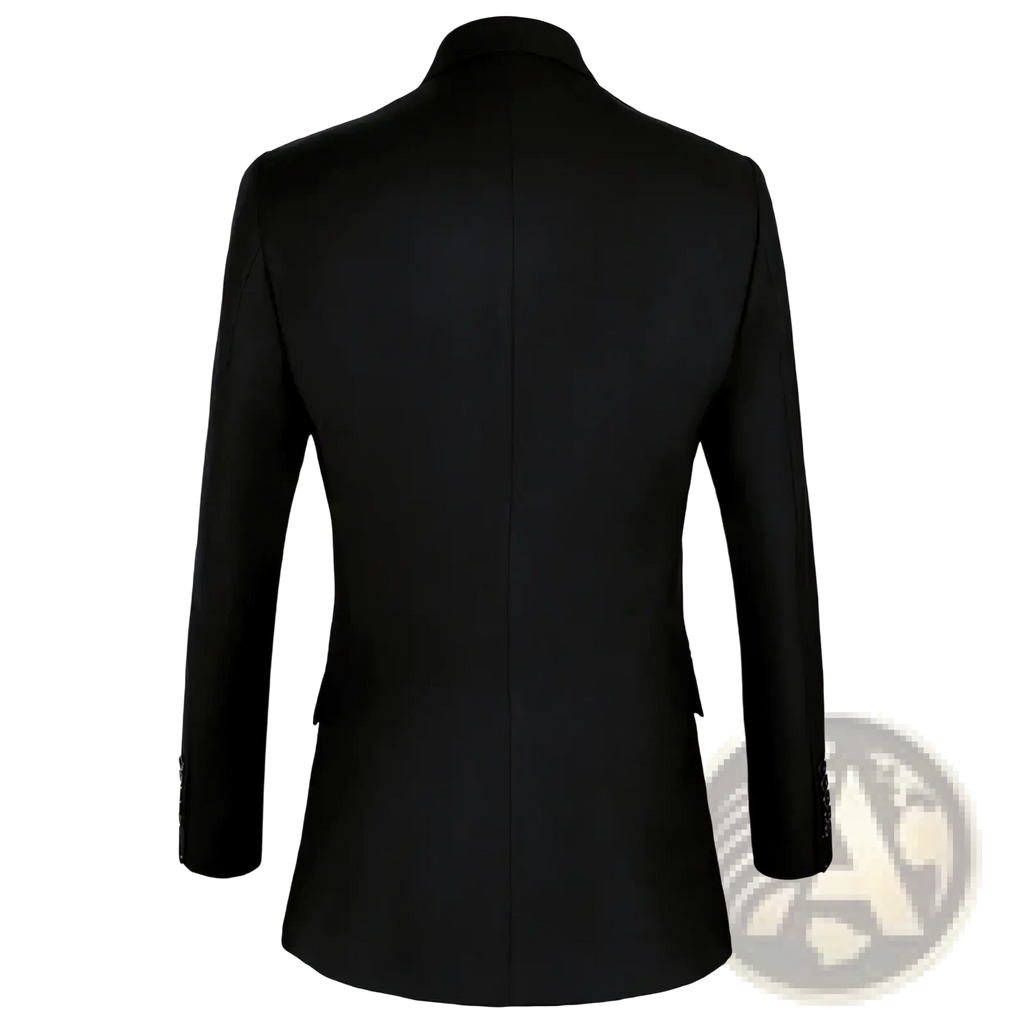 Black tailored men’s suit jacket with classic notched collar and buttoned cuffs for a slim fit navy blue double breasted suit