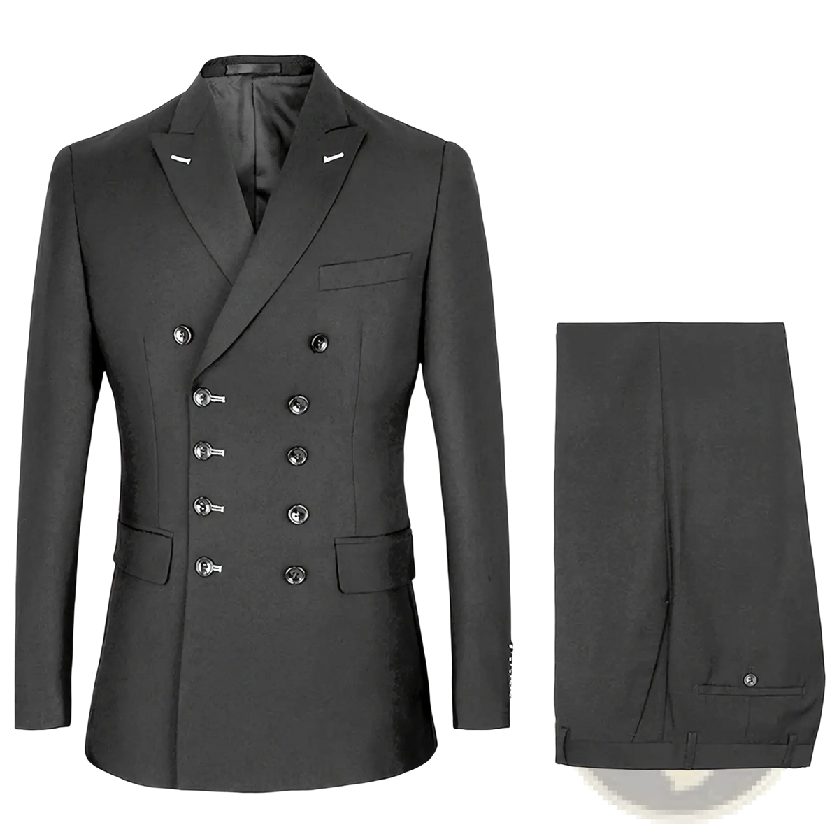 Men slim fit double breasted navy blue suit with silver toned buttons and notched lapels in black fabric