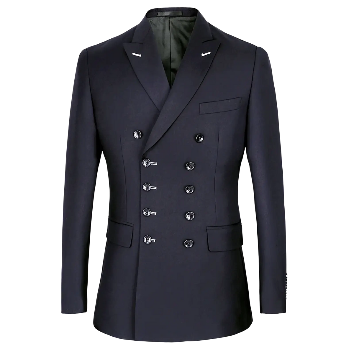 Men slim fit double breasted suit navy blue with silver toned buttons and subtle sheen in sleek fabric design